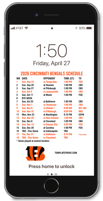 2026 Cincinnati Bengals Lock Screen Schedule