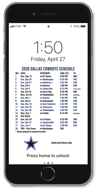 2026 Dallas Cowboys Lock Screen Schedule