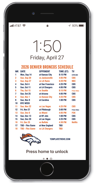 2026 Denver Broncos Lock Screen Schedule