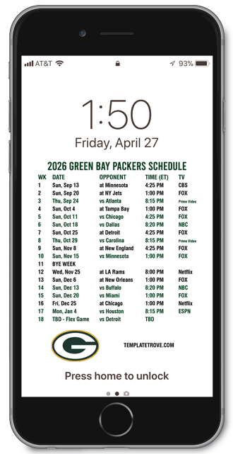2026 Green Bay Packers Lock Screen Schedule