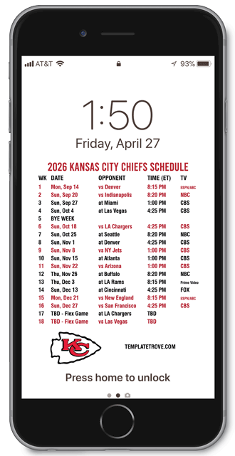 2026 Kansas City Chiefs Lock Screen Schedule
