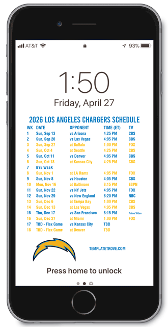 2026 Los Angeles Chargers Lock Screen Schedule