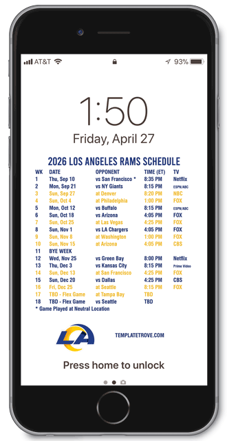 2026 Los Angeles Rams Lock Screen Schedule