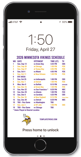 2026 Minnesota Vikings Lock Screen Schedule