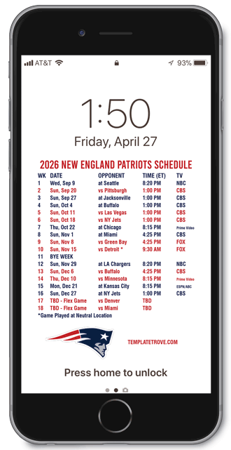 2026 New England Patriots Lock Screen Schedule
