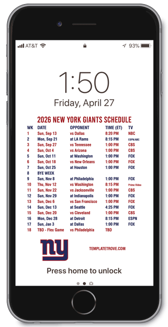 2026 New York Giants Lock Screen Schedule
