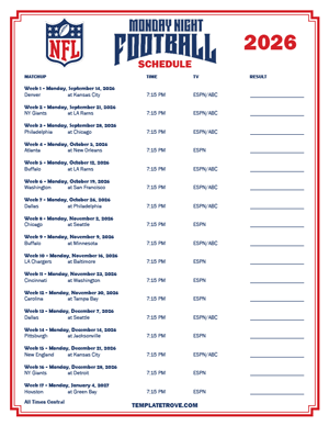 2026 Printable NFL Monday Night Football Schedule - Central Times
