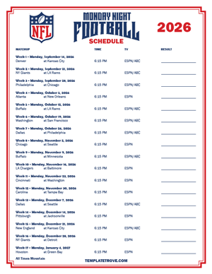 2026 Printable NFL Monday Night Football Schedule - Mountain Times