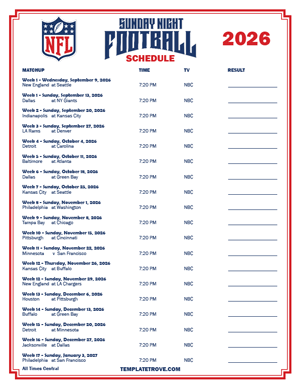 2026 Printable NFL Sunday Night Football Schedule - Central Times