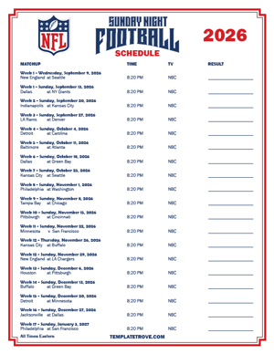 2026 Printable NFL Sunday Night Football Schedule