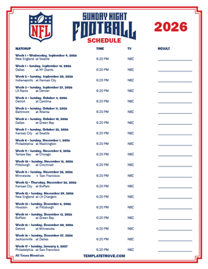 2026 Printable NFL Sunday Night Football Schedule - Mountain Times