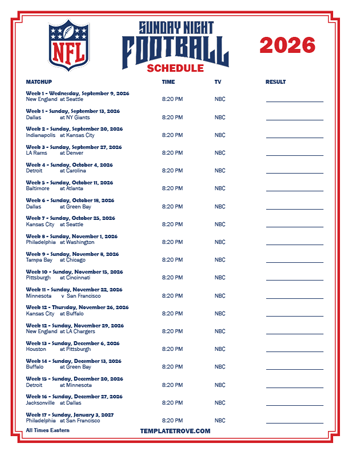 Printable 2026 Sunday, Monday and Thursday Night Football Schedules
