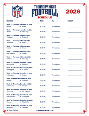 2026 Printable NFL Thursday Night Football Schedule
