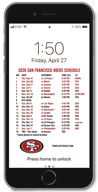 2026 San Francisco 49ers Lock Screen Schedule