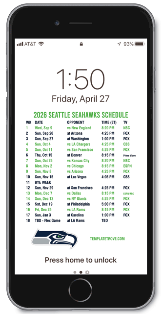 2026 Seattle Seahawks Lock Screen Schedule