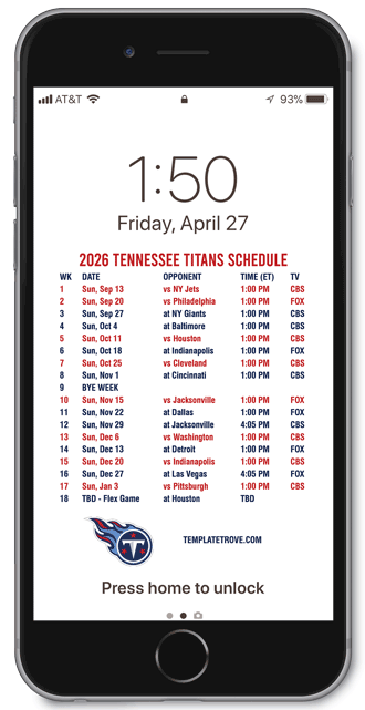 2026 Tennessee Titans Lock Screen Schedule