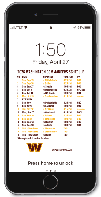 2026 Washington Commanders Lock Screen Schedule