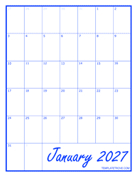 2027 Blank Monthly Calendar - Blue
