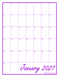 2027 Blank Monthly Calendar - Purple