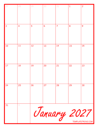 2027 Blank Monthly Calendar - Red