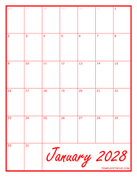 2028 Blank Monthly Calendar - Red