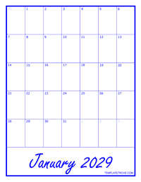 2029 Blank Monthly Calendar - Blue