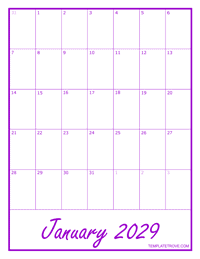 2029 Blank Monthly Calendar - Purple