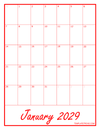 2029 Blank Monthly Calendar - Red