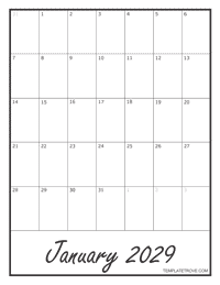 2029 Blank Monthly Calendar