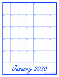 2030 Blank Monthly Calendar - Blue