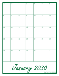 2030 Blank Monthly Calendar - Green