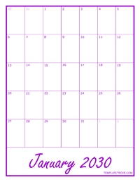 2030 Blank Monthly Calendar - Purple