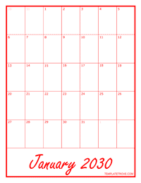 2030 Blank Monthly Calendar - Red