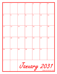 2031 Blank Monthly Calendar - Red