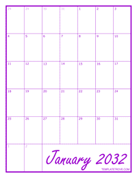 2032 Blank Monthly Calendar - Purple