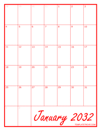 2032 Blank Monthly Calendar - Red