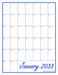 2033 Blank Monthly Calendar - Blue