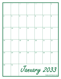 2033 Blank Monthly Calendar - Green
