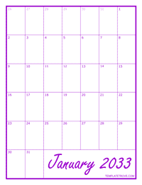 2033 Blank Monthly Calendar - Purple