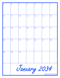 2034 Blank Monthly Calendar - Blue