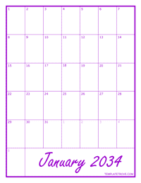 2034 Blank Monthly Calendar - Purple
