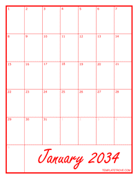 2034 Blank Monthly Calendar - Red
