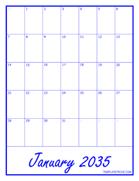 2035 Blank Monthly Calendar - Blue
