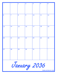 2036 Blank Monthly Calendar - Blue