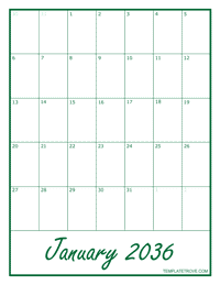 2036 Blank Monthly Calendar - Green
