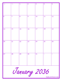 2036 Blank Monthly Calendar - Purple