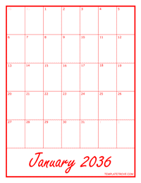 2036 Blank Monthly Calendar - Red