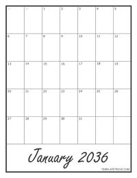 2036 Blank Monthly Calendar