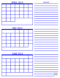2013 3 Month Calendar - April, May and June