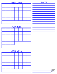 2016 3 Month Calendar - April, May and June